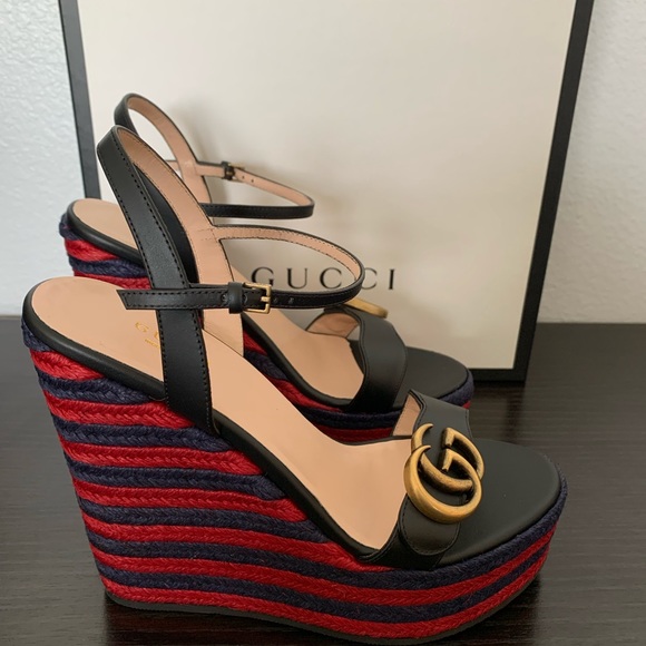 WOMENS GUCCI MARMONT LIFFORD BLACK LEATHER HEEL PLATFORM ESPADRILLE WEDGE SIZE 7 - Picture 3 of 9